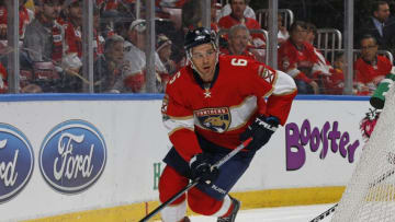 SUNRISE, FL - MARCH 4: Alex Petrovic #6 of the Florida Panthers circles the net with the puck during second period action against the Dallas Stars at the BB&T Center on March 4, 2017 in Sunrise, Florida. The Stars defeated the Panthers 2-1. (Photo by Joel Auerbach/Getty Images)