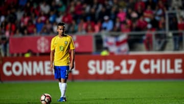 Brazil´s Alan prepares to score against Chile during their South American U-17 football tournament match in Rancagua, Chile on March 19, 2017. / AFP PHOTO / MARTIN BERNETTI (Photo credit should read MARTIN BERNETTI/AFP/Getty Images)