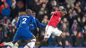 LONDON, ENGLAND - FEBRUARY 17: Odion Ighalo of Manchester United and Antonio Rüdiger and Kurt Zouma of Chelsea FC in action during the Premier League match between Chelsea FC and Manchester United at Stamford Bridge on February 17, 2020 in London, United Kingdom. (Photo by Sebastian Frej/MB Media/Getty Images)