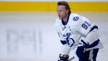 May 3, 2015; Montreal, Quebec, CAN; Tampa Bay Lightning forward Steven Stamkos (91) skates during the warmup period in game two of the second round of the 2015 Stanley Cup Playoffs against the Montreal Canadiens at the Bell Centre. Mandatory Credit: Eric Bolte-USA TODAY Sports