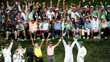 AUGUSTA, GA - APRIL 04: Gary Nicklaus, Jr. celebrates hitting a hole-in-one on the ninth tee with his grandfather Jack Nicklaus, Gary Player and Tom Watson during the Par 3 Contest prior to the start of the 2018 Masters Tournament at Augusta National Golf Club on April 4, 2018 in Augusta, Georgia. (Photo by Jamie Squire/Getty Images)