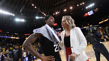 OAKLAND, CA - APRIL 15: Lou Williams #23 of the LA Clippers is interviewed after a game against the Golden State Warriors during Game Two of Round One of the 2019 NBA Playoffs on April 15, 2019 at ORACLE Arena in Oakland, California. NOTE TO USER: User expressly acknowledges and agrees that, by downloading and or using this photograph, user is consenting to the terms and conditions of Getty Images License Agreement. Mandatory Copyright Notice: Copyright 2019 NBAE (Photo by Noah Graham/NBAE via Getty Images)