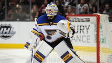 January 8, 2016; Anaheim, CA, USA; St. Louis Blues goalie Jake Allen (34) defends the goal against Anaheim Ducks during the second period at Honda Center. Mandatory Credit: Gary A. Vasquez-USA TODAY Sports