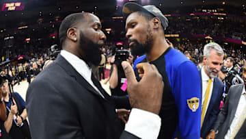 CLEVELAND, OH - JUNE 8: Kevin Durant #35 of the Golden State Warriors and Kendrick Perkins #21 of the Cleveland Cavaliers hug after Game Four of the 2018 NBA Finals on June 8, 2018 at Quicken Loans Arena in Cleveland, Ohio. NOTE TO USER: User expressly acknowledges and agrees that, by downloading and or using this Photograph, user is consenting to the terms and conditions of the Getty Images License Agreement. Mandatory Copyright Notice: Copyright 2018 NBAE (Photo by Andrew D. Bernstein/NBAE via Getty Images)