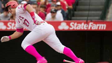 May 8, 2016; Anaheim, CA, USA; Los Angeles Angels center fielder Mike Trout (27) sprints to first base during the first inning against the Tampa Bay Rays at Angel Stadium of Anaheim. Mandatory Credit: Robert Hanashiro-USA TODAY Sports