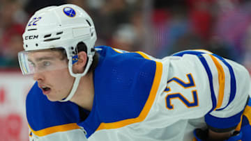 Nov 4, 2022; Raleigh, North Carolina, USA; Buffalo Sabres right wing Jack Quinn (22) looks on against the Carolina Hurricanes during the third period at PNC Arena. Mandatory Credit: James Guillory-USA TODAY Sports