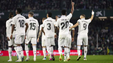 SEVILLE, SPAIN - MARCH 05: Karim Benzema of Real Madrid celebrates after scoring his team's first goal that later has been annulled during the LaLiga Santander match between Real Betis and Real Madrid CF at Estadio Benito Villamarin on March 05, 2023 in Seville, Spain. (Photo by Fermin Rodriguez/Quality Sport Images/Getty Images)