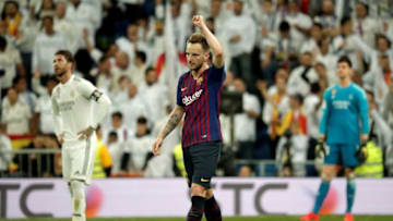 MADRID, SPAIN - MARCH 02: Ivan Rakitic of Barcelona celebrates his goal during the La Liga week 26 soccer match between Real Madrid and Barcelona at Santiago Bernabeu Stadium in Madrid, Spain on March 02, 2019. (Photo by Burak Akbulut/Anadolu Agency/Getty Images)