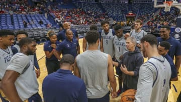 NEW ORLEANS, LA - OCTOBER 5: the New Orleans Pelicans huddle up in a practice on October 5, 2019 at the the Smoothie King Center in New Orleans, Louisiana. NOTE TO USER: User expressly acknowledges and agrees that, by downloading and or using this Photograph, user is consenting to the terms and conditions of the Getty Images License Agreement. Mandatory Copyright Notice: Copyright 2019 NBAE (Photo by Layne Murdoch Jr./NBAE via Getty Images)