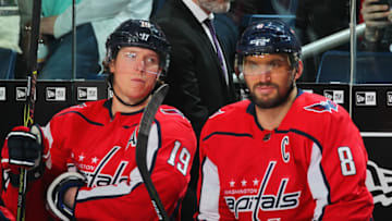 BUFFALO, NY - FEBRUARY 19: Nicklas Backstrom #19 and Alex Ovechkin #8 of the Washington Capitals chat on the bench during an NHL game against the Buffalo Sabres on February 19, 2018 at KeyBank Center in Buffalo, New York. (Photo by Bill Wippert/NHLI via Getty Images)