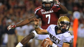 COLUMBIA, SC - SEPTEMBER 17: Defensive end Jadeveon Clowney #7 of the South Carolina Gamecocks chases quarterback Kriss Proctor #2 of Navy Midshipmen September 17, 2011 at Williams-Brice Stadium in Columbia, South Carolina. (Photo by Al Messerschmidt/Getty Images)