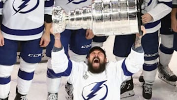 Zach Bogosian #24 of the Tampa Bay Lightning skates with the Stanley Cup. (Photo by Bruce Bennett/Getty Images)