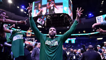 MEMPHIS, TENNESSEE - APRIL 10: Jayson Tatum #0 of the Boston Celtics celebrates after the game against the Memphis Grizzlies at FedExForum on April 10, 2022 in Memphis, Tennessee. NOTE TO USER: User expressly acknowledges and agrees that , by downloading and or using this photograph, User is consenting to the terms and conditions of the Getty Images License Agreement. (Photo by Justin Ford/Getty Images)