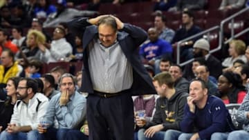 Jan 28, 2015; Philadelphia, PA, USA; Detroit Pistons head coach Stan Van Gundy reacts to a missed shot during the fourth quarter of the game against the Philadelphia 76ers at the Wells Fargo Center. The Sixers beat the Pistons 89-69. Mandatory Credit: John Geliebter-USA TODAY Sports