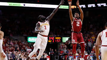 AMES, IA - FEBRUARY 25: Aaron Calixte #2 of the Oklahoma Sooners takes a three point shot as Marial Shayok #3 of the Iowa State Cyclones blocks in the second half of play at Hilton Coliseum on February 25, 2019 in Ames, Iowa. The Iowa State Cyclones won 78-61 over the Oklahoma Sooners. (Photo by David Purdy/Getty Images)