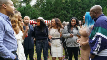 THE REAL HOUSEWIVES OF ATLANTA -- Pictured: (l-r) Mike Hill, Cynthia Bailey, Shamari DeVoe, Kandi Burruss, Porsha Williams, Dennis McKinley -- (Photo by: Annette Brown/Bravo)