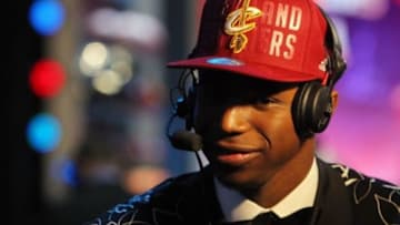Jun 26, 2014; Brooklyn, NY, USA; Andrew Wiggins (Kansas) is interviewed after being selected as the number one overall pick to the Cleveland Cavaliers in the 2014 NBA Draft at the Barclays Center. Mandatory Credit: Brad Penner-USA TODAY Sports