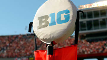 MADISON, WI - OCTOBER 21: The Big Ten logo on a yardage marker at the game between the Maryland Terrapins and the Wisconsin Badgers at Camp Randall Stadium on October 21, 2017 in Madison, Wisconsin. (Photo by G Fiume/Maryland Terrapins/Getty Images)