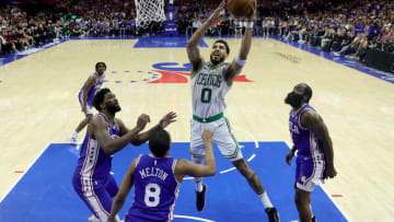 PHILADELPHIA, PENNSYLVANIA - MAY 11: Jayson Tatum #0 of the Boston Celtics shoots the ball against the Philadelphia 76ers during the first quarter in game six of the Eastern Conference Semifinals in the 2023 NBA Playoffs at Wells Fargo Center on May 11, 2023 in Philadelphia, Pennsylvania. NOTE TO USER: User expressly acknowledges and agrees that, by downloading and or using this photograph, User is consenting to the terms and conditions of the Getty Images License Agreement. (Photo by Tim Nwachukwu/Getty Images)
