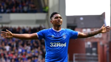GLASGOW, SCOTLAND - AUGUST 15: Alfredo Morelos of Rangers celebrates scoring a goal in the first half during the UEFA Europa League Third Qualifying Round Second Leg match between Rangers and Midtjylland at Ibrox Stadium on August 15, 2019 in Glasgow, Scotland. (Photo by Mark Runnacles/Getty Images)