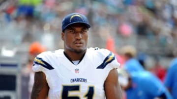 Oct 20, 2013; Jacksonville, FL, USA; San Diego Chargers outside linebacker Larry English (51) during the first half of the game against the Jacksonville Jaguars at EverBank Field. Mandatory Credit: Melina Vastola-USA TODAY Sports