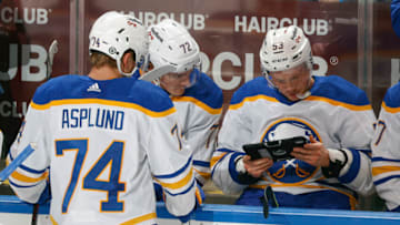 SUNRISE, FL - DECEMBER 2: Jeff Skinner #53 of the Buffalo Sabres looks at a tablet during a break in action during the first period against the Florida Panthers at the FLA Live Arena on December 2, 2021 in Sunrise, Florida. (Photo by Joel Auerbach/Getty Images)
