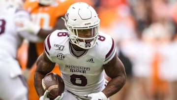 Oct 12, 2019; Knoxville, TN, USA; Mississippi State Bulldogs running back Kylin Hill (8) runs the ball during the second half of a game against the Tennessee Volunteers at Neyland Stadium. Mandatory Credit: Bryan Lynn-USA TODAY Sports