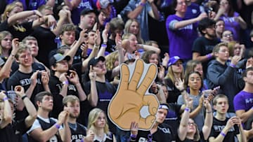MANHATTAN, KS - FEBRUARY 17: Kansas State Wildcats fans reacts after the Wildcats score a three-point basket during the first half against the Iowa State Cyclones on February 17, 2018 at Bramlage Coliseum in Manhattan, Kansas. (Photo by Peter G. Aiken/Getty Images)