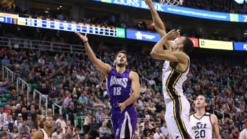 Apr 8, 2015; Salt Lake City, UT, USA; Utah Jazz center Rudy Gobert (27) blocks the shot by Sacramento Kings forward Omri Casspi (18) during the second quarter at EnergySolutions Arena. Mandatory Credit: Chris Nicoll-USA TODAY Sports