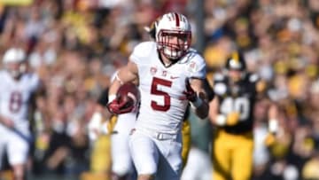 Jan 1, 2016; Pasadena, CA, USA; Stanford Cardinal running back Christian McCaffrey (5) scores on a 75-yard touchdown reception in the first quarter against the Iowa Hawkeyes in the 2016 Rose Bowl at Rose Bowl. Stanford defeated Iowa 45-16. Mandatory Credit: Kirby Lee-USA TODAY Sports