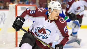 VANCOUVER, BC - NOVEMBER 02: Colorado Avalanche Center Sheldon Dries (15) skates up ice during their NHL game against the Vancouver Canucks at Rogers Arena on November 2, 2018 in Vancouver, British Columbia, Canada. Vancouver won 7-6. (Photo by Derek Cain/Icon Sportswire via Getty Images)