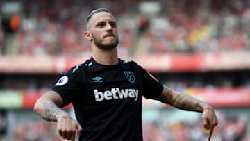 LONDON, ENGLAND - APRIL 22: Marko Arnautovic of West Ham United celebrates scoring his side's first goal during the Premier League match between Arsenal and West Ham United at Emirates Stadium on April 22, 2018 in London, England. (Photo by Mike Hewitt/Getty Images)
