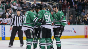DALLAS, TX - DECEMBER 13: Dallas Stars center Jason Spezza (90) celebrates a goal with his teammates during the game between the Dallas Stars and the Anaheim Ducks on December 13, 2016 at the American Airlines Center in Dallas, Texas. Dallas beats Anaheim 6-2. (Photo by Matthew Pearce/Icon Sportswire via Getty Images)