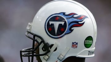 NASHVILLE, TN - OCTOBER 2: A Tennessee Titans helmet displays the Futbol Americano logo during the game against the Indianapolis Colts at The Coliseum on October 2, 2005 in Nashville, Tennessee. The Colts defeated the Titans 31-10. (Photo by Doug Pensinger/Getty Images)