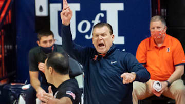 Feb 6, 2021; Champaign, Illinois, USA; Illinois Fighting Illini head coach Brad Underwood reacts after call during the first half against the Wisconsin Badgers at State Farm Center. Mandatory Credit: Patrick Gorski-USA TODAY Sports