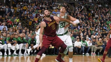 BOSTON, MA - OCTOBER 2: Kevin Love #0 of the Cleveland Cavaliers and Daniel Theis #27 of the Boston Celtics box out during a pre-season game on October 2, 2018 at the TD Garden in Boston, Massachusetts. NOTE TO USER: User expressly acknowledges and agrees that, by downloading and or using this photograph, User is consenting to the terms and conditions of the Getty Images License Agreement. Mandatory Copyright Notice: Copyright 2018 NBAE (Photo by Brian Babineau/NBAE via Getty Images)