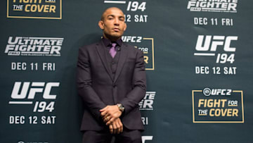 LAS VEGAS, NV - DECEMBER 09: UFC featherweight champion Jose Aldo prepares to face off against UFC interim featherweight champion Conor McGregor of Ireland during the UFC Press Conference inside MGM Grand Garden Arena on December 9, 2015 in Las Vegas, Nevada. (Photo by Brandon Magnus/Zuffa LLC/Zuffa LLC via Getty Images)