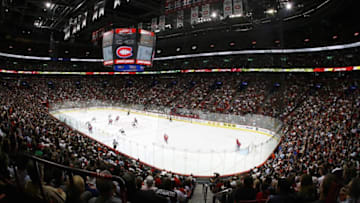 MONTREAL - SEPTEMBER 18: An elevated general view shows the Pittsburgh Penguins playing against the Montreal Canadiens during their pre-season game on September 18, 2007 at the Bell Centre in Montreal, Quebec, Canada. The Penguins defeated the Canadiens 5-2. (Photo by Phillip MacCallum/Getty Images)