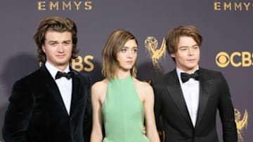 LOS ANGELES, CA - SEPTEMBER 17: (L-R) Actors Charlie Heaton, Natalia Dyer, and Joe Keery attend the 69th Annual Primetime Emmy Awards - Arrivals at Microsoft Theater on September 17, 2017 in Los Angeles, California. (Photo by David Livingston/Getty Images)