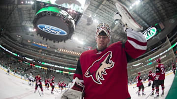 Mar 31, 2016; Dallas, TX, USA; Arizona Coyotes goalie Louis Domingue (35) skates on the ice prior to the game against the Dallas Stars at the American Airlines Center. Mandatory Credit: Jerome Miron-USA TODAY Sports