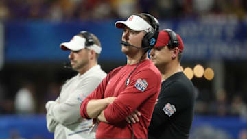 Dec 28, 2019; Atlanta, Georgia, USA; Oklahoma Sooners head coach Lincoln Riley reacts during the 2019 Peach Bowl college football playoff semifinal game between the LSU Tigers and the Oklahoma Sooners at Mercedes-Benz Stadium. Mandatory Credit: Jason Getz-USA TODAY Sports