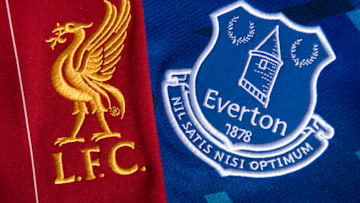 MANCHESTER, ENGLAND - MAY 13: The Everton and Liverpool club crests on their first team home shirt on May 13, 2020 in Manchester, England. (Photo by Visionhaus)