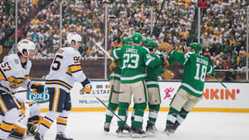 DALLAS, TEXAS - JANUARY 01: The Dallas Stars celebrate a goal during the 2020 NHL Winter Classic between the Nashville Predators and the Dallas Stars at Cotton Bowl on January 01, 2020 in Dallas, Texas. (Photo by Sean Berry/NHLI via Getty Images)
