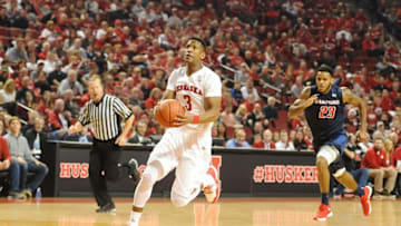 Dec 20, 2015; Lincoln, NE, USA; Nebraska Cornhuskers guard Andrew White (3) drives to the basket ahead of Samford Bulldogs forward Iman Johnson (23) at Pinnacle Bank Arena. Mandatory Credit: Steven Branscombe-USA TODAY Sports