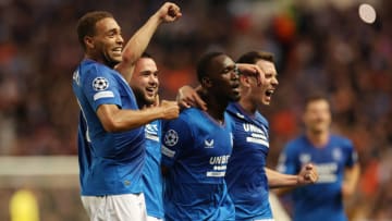 GLASGOW, SCOTLAND - AUGUST 22: Abdallah Sima of Rangers celebrates after he scores the opening goal during the UEFA Champions Qualifying Play-Off: First Leg between Rangers v PSV Eindhoven at Ibrox Stadium on August 22, 2023 in Glasgow, Scotland. (Photo by Ian MacNicol/Getty Images)