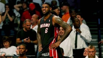 May 10, 2014; Brooklyn, NY, USA; Miami Heat forward LeBron James (6) watches the final minutes from the bench in game three of the second round of the 2014 NBA Playoffs against the Brooklyn Nets at Barclays Center. Brooklyn Nets won 104-90. Mandatory Credit: Anthony Gruppuso-USA TODAY Sports