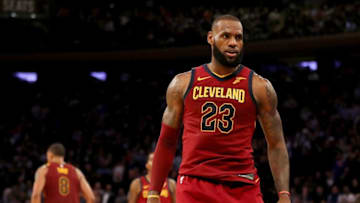NEW YORK, NY - NOVEMBER 13: LeBron James #23 of the Cleveland Cavaliers celebrates his three point shot to give the Cleveland Cavaliers the lead over the New York Knicks in the fourth quarter at Madison Square Garden on November 13, 2017 in New York City.The Cleveland Cavaliers defeated the New York Knicks 104-101. NOTE TO USER: User expressly acknowledges and agrees that, by downloading and or using this Photograph, user is consenting to the terms and conditions of the Getty Images License Agreement (Photo by Elsa/Getty Images)