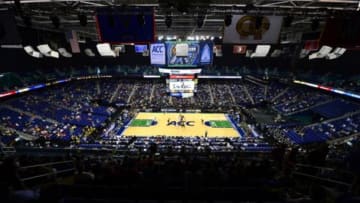 Mar 12, 2014; Greensboro, NC, USA; A general view of the opening tip in the first round of the ACC Tournament at Greensboro Coliseum. Mandatory Credit: Bob Donnan-USA TODAY Sports