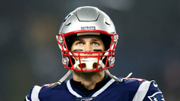FOXBOROUGH, MASSACHUSETTS - JANUARY 04: Tom Brady #12 of the New England Patriots looks on during warmups before the AFC Wild Card Playoff game against the Tennessee Titans at Gillette Stadium on January 04, 2020 in Foxborough, Massachusetts. (Photo by Adam Glanzman/Getty Images)