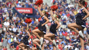 Sep 24, 2016; Oxford, MS, USA; Mississippi Rebels cheerleaders cheer before the game against the Georgia Bulldogs at Vaught-Hemingway Stadium. Mandatory Credit: Matt Bush-USA TODAY Sports